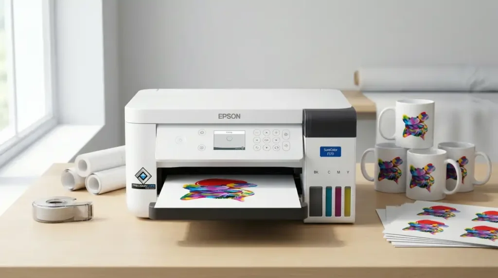 Impressora de sublimação profissional Epson SureColor F170 branca e compacta em uma bancada de ateliê organizada, ao lado de canecas de cerâmica personalizadas e folhas de papel sublimático impressas.