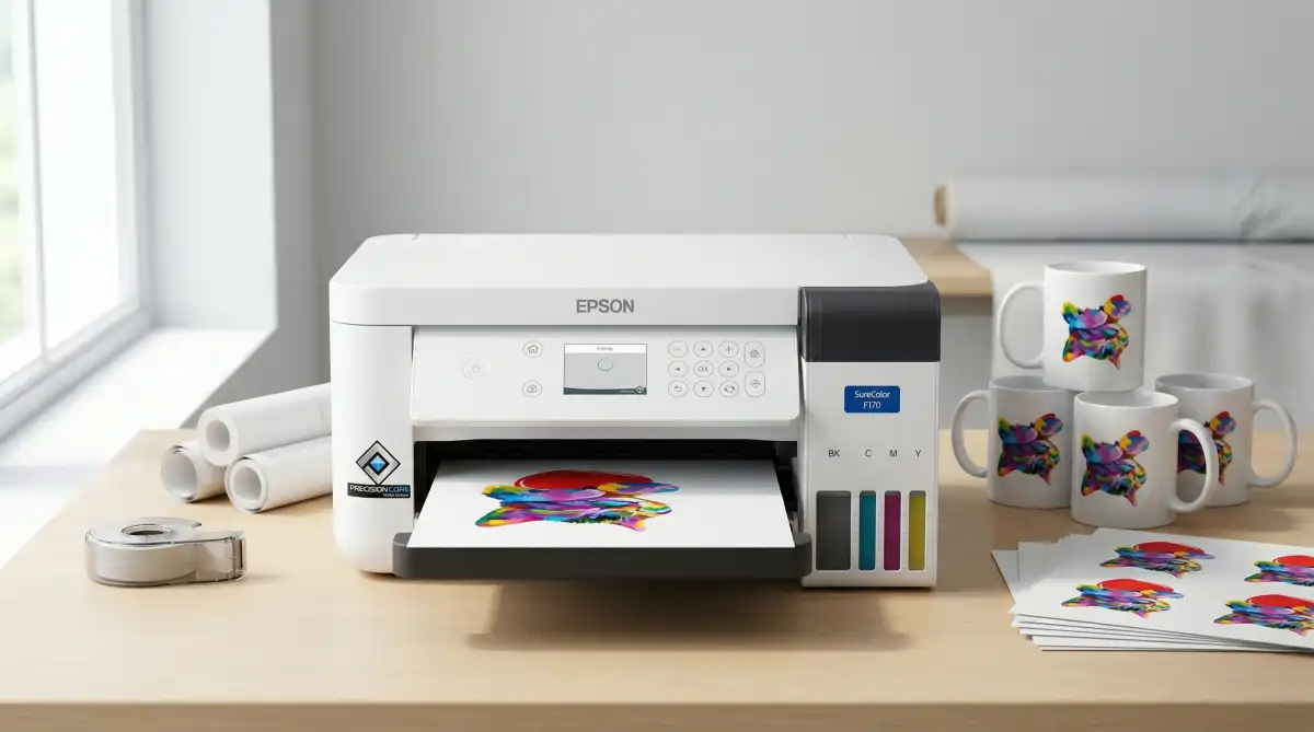 Impressora de sublimação profissional Epson SureColor F170 branca e compacta em uma bancada de ateliê organizada, ao lado de canecas de cerâmica personalizadas e folhas de papel sublimático impressas.