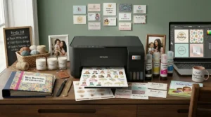 Impressora multifuncional Epson EcoTank L3250 preta imprimindo topos de bolo coloridos em papel fotográfico brilhante, em cima de uma bancada de madeira de um ateliê de personalizados.