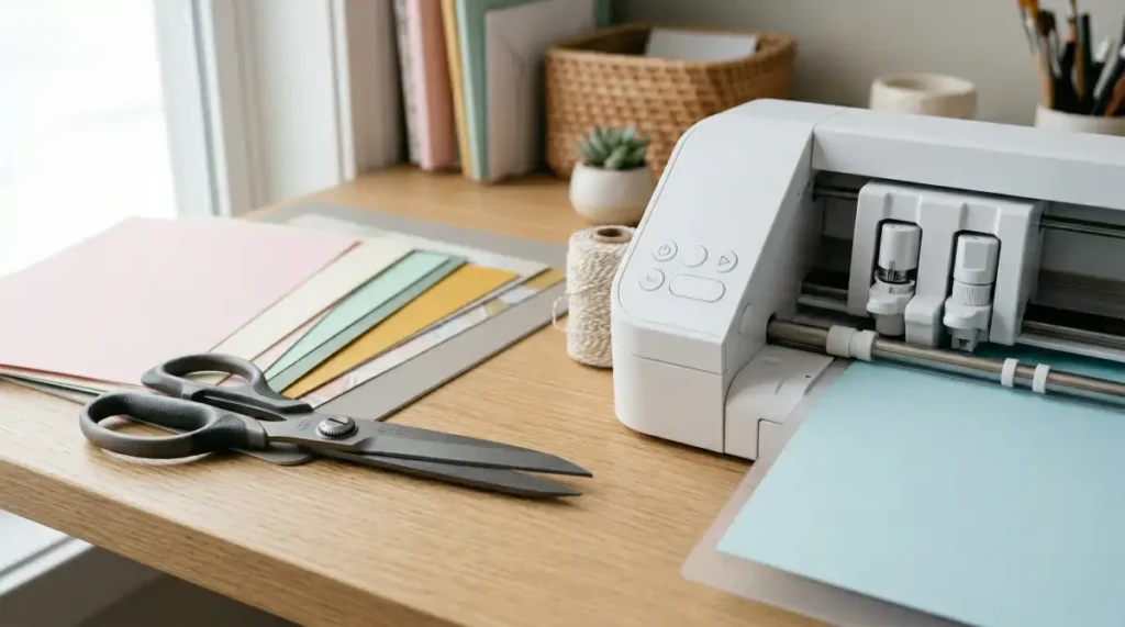 Tesoura de precisão de titânio ao lado de uma máquina plotter de recorte Silhouette Portrait 4 branca, sobre uma mesa de trabalho organizada com papéis coloridos em tons pastéis.