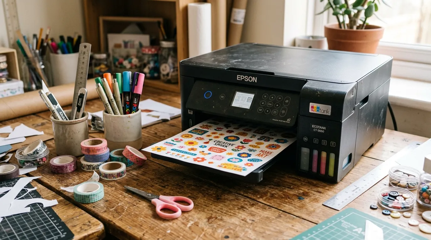 Impressora tanque de tinta Epson Ecotank imprimindo cartelas de adesivos coloridos em uma mesa de artesanato de madeira.
