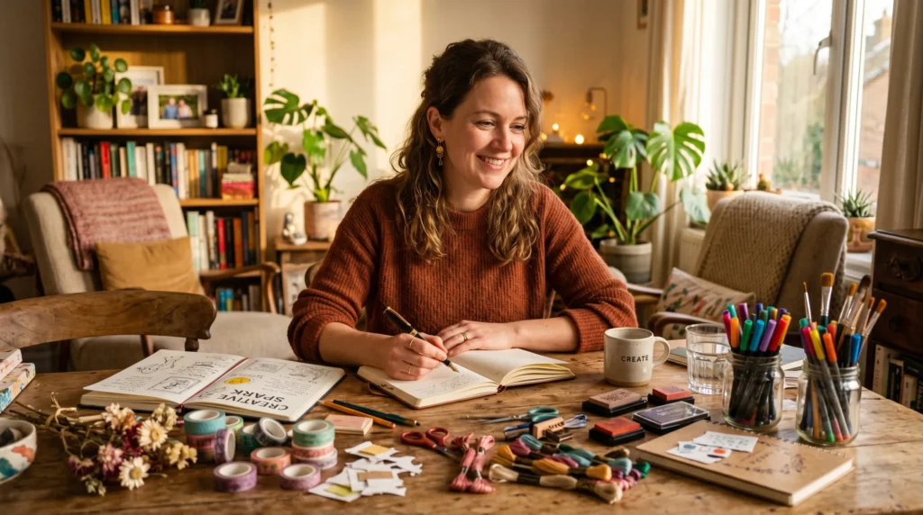 Mulher sorridente e confiante a trabalhar na mesa da sua sala, com materiais de papelaria criativa, a representar o início de um ateliê em casa.