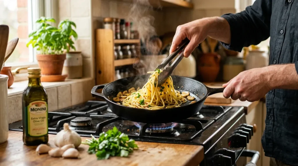 Frigideira com macarrão alho e óleo recém-preparado sobre fogão doméstico