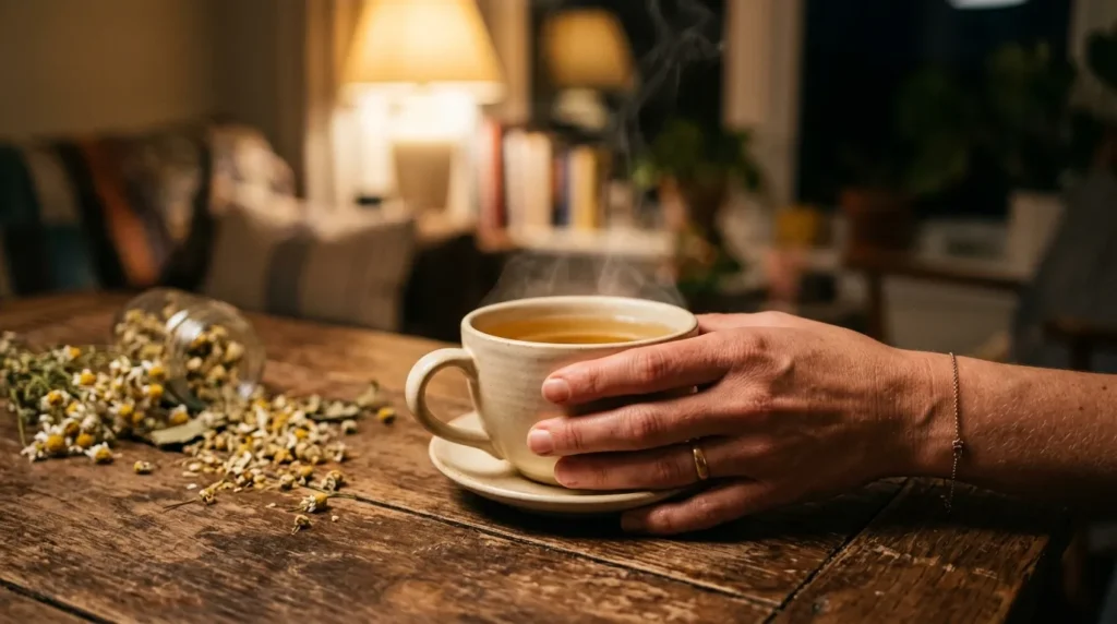 Xícara de chá de camomila fumegante sobre mesa de madeira com flores secas ao lado à noite