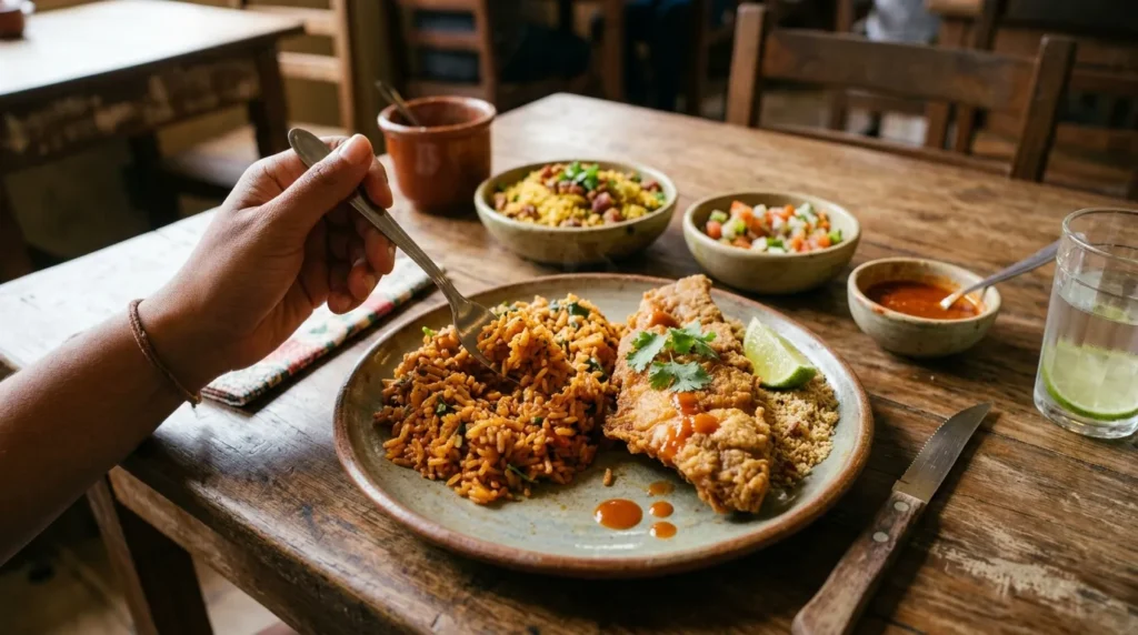 Prato de arroz de cuxá com peixe frito servido em mesa de restaurante maranhense