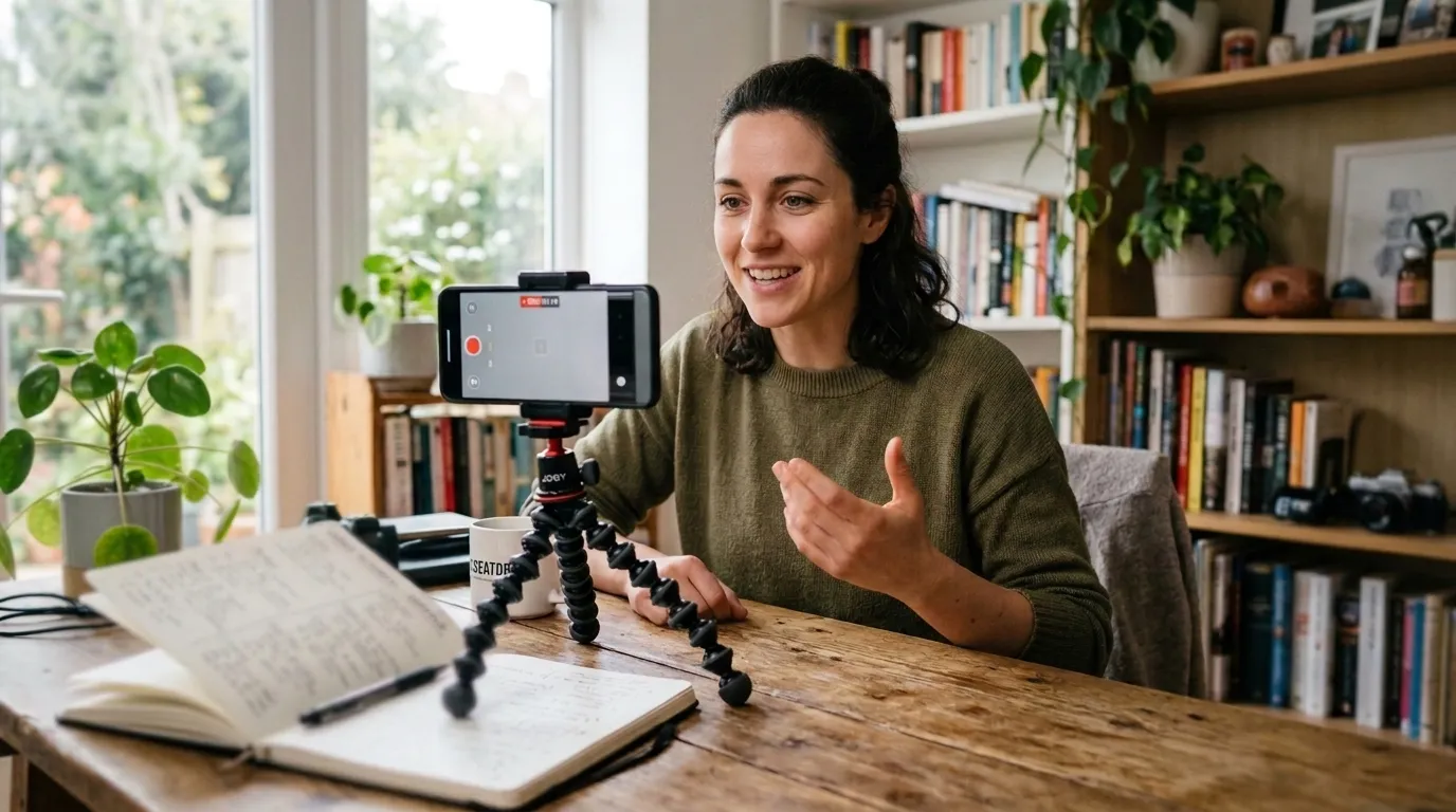 Pessoa gravando conteúdo em vídeo no celular com anotações estruturadas sobre a mesa
