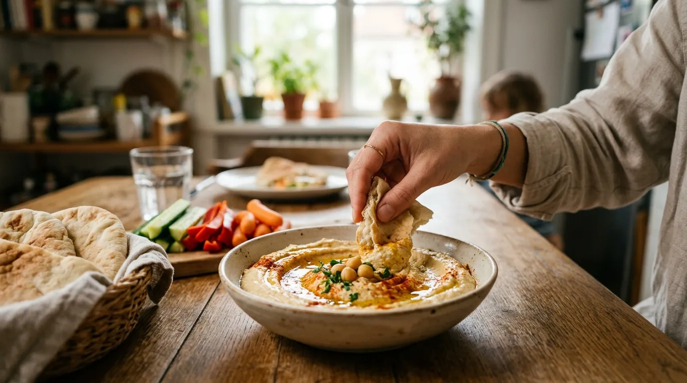 Tigela de hummus cremoso com azeite e páprica servido com pão pita
