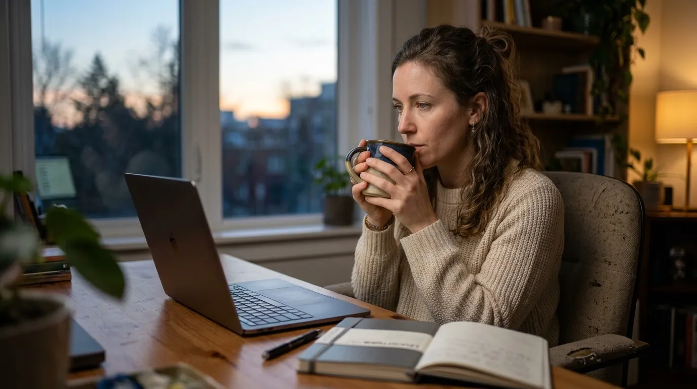 Pessoa pensativa segurando xícara de café observando notebook em mesa de home office ao amanhecer