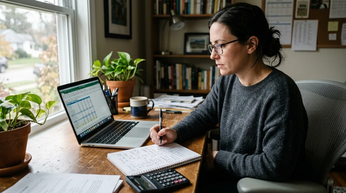 Pessoa calculando preços em planilha com calculadora e notas sobre a mesa