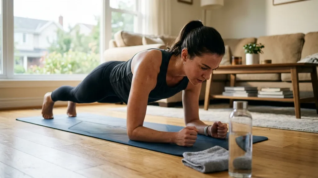 Pessoa fazendo prancha abdominal em tapete de exercício em sala de casa iluminada