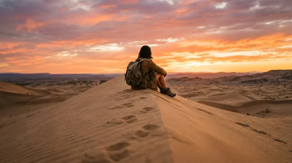Pôr do sol visto do alto de uma duna de areia com pessoa sentada observando a paisagem