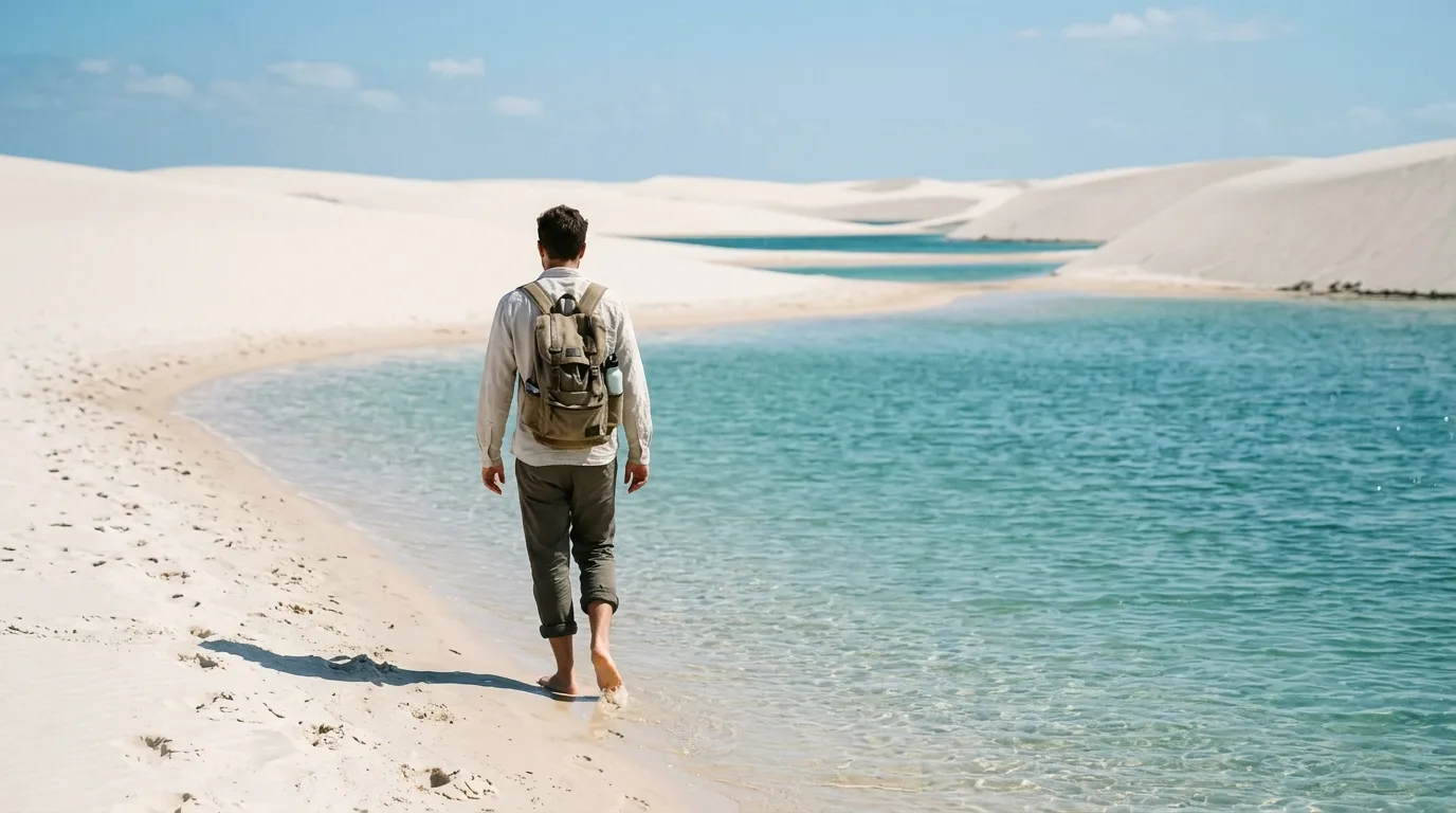 Pessoa caminhando descalça na areia branca à beira de lagoa cristalina nos Lençóis Maranhenses
