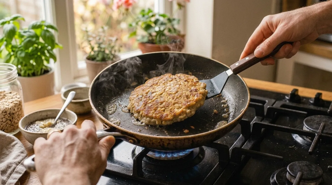 Panqueca de aveia e banana dourada na frigideira com espátula ao lado em cozinha iluminada