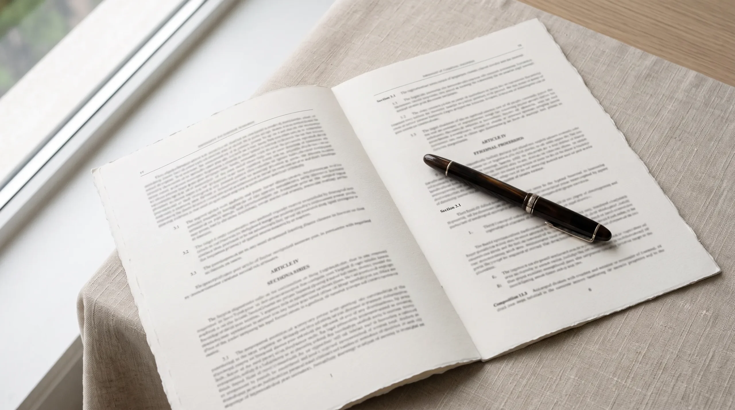 Documento legal aberto com caneta representando termos e condições de uso do site