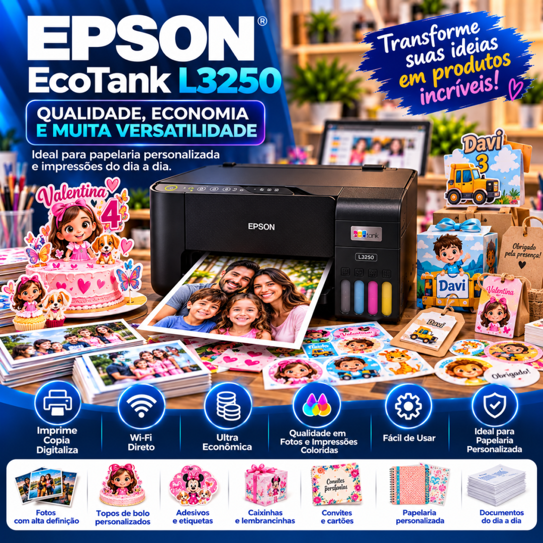 A Epson EcoTank L3250 é uma multifuncional que reúne impressão, cópia e digitalização em um equipamento compacto e versátil. A conectividade Wi‑Fi facilita o uso no dia a dia e amplia as possibilidades tanto para tarefas domésticas e de escritório quanto para pequenos negócios. No StudionPRO, a L3250 também tem um diferencial importante: experiência prática de uso. Ela já faz parte da rotina de produção com trabalhos como papelaria personalizada, impressões fotográficas, cartões, convites, adesivos e caixinhas. Por isso, sua presença no StudionPRO combina informações do fabricante com vivência real de produção. Informações comerciais Antes da compra, confira vendedor, garantia, itens inclusos e condições atuais da oferta. Para tintas e suprimentos, confirme sempre a compatibilidade indicada pela Epson para o modelo.