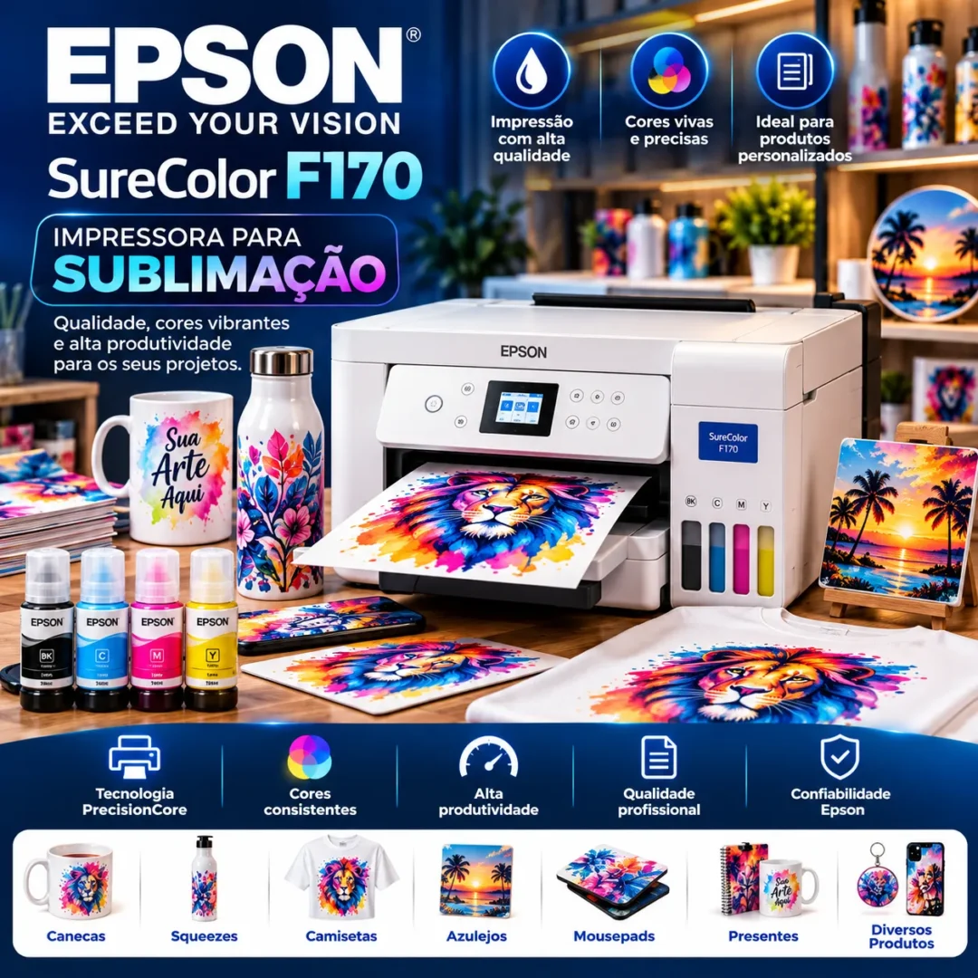 Impressora Epson SureColor F170 em ambiente de produção com produtos personalizados por sublimação.