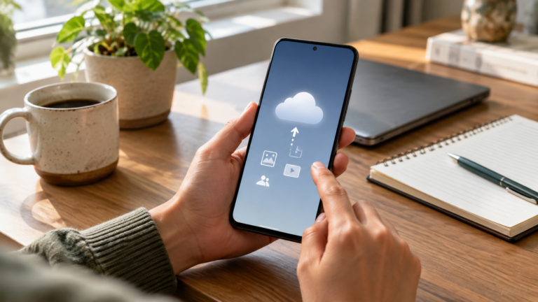 Pessoa confere backup em celular sobre uma mesa