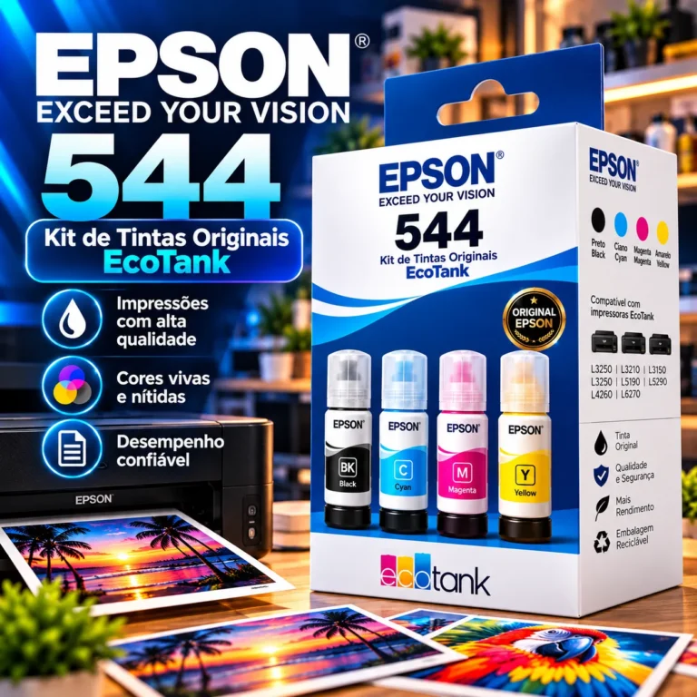 Kit de tintas Epson 544 com frascos nas cores preto, ciano, magenta e amarelo.