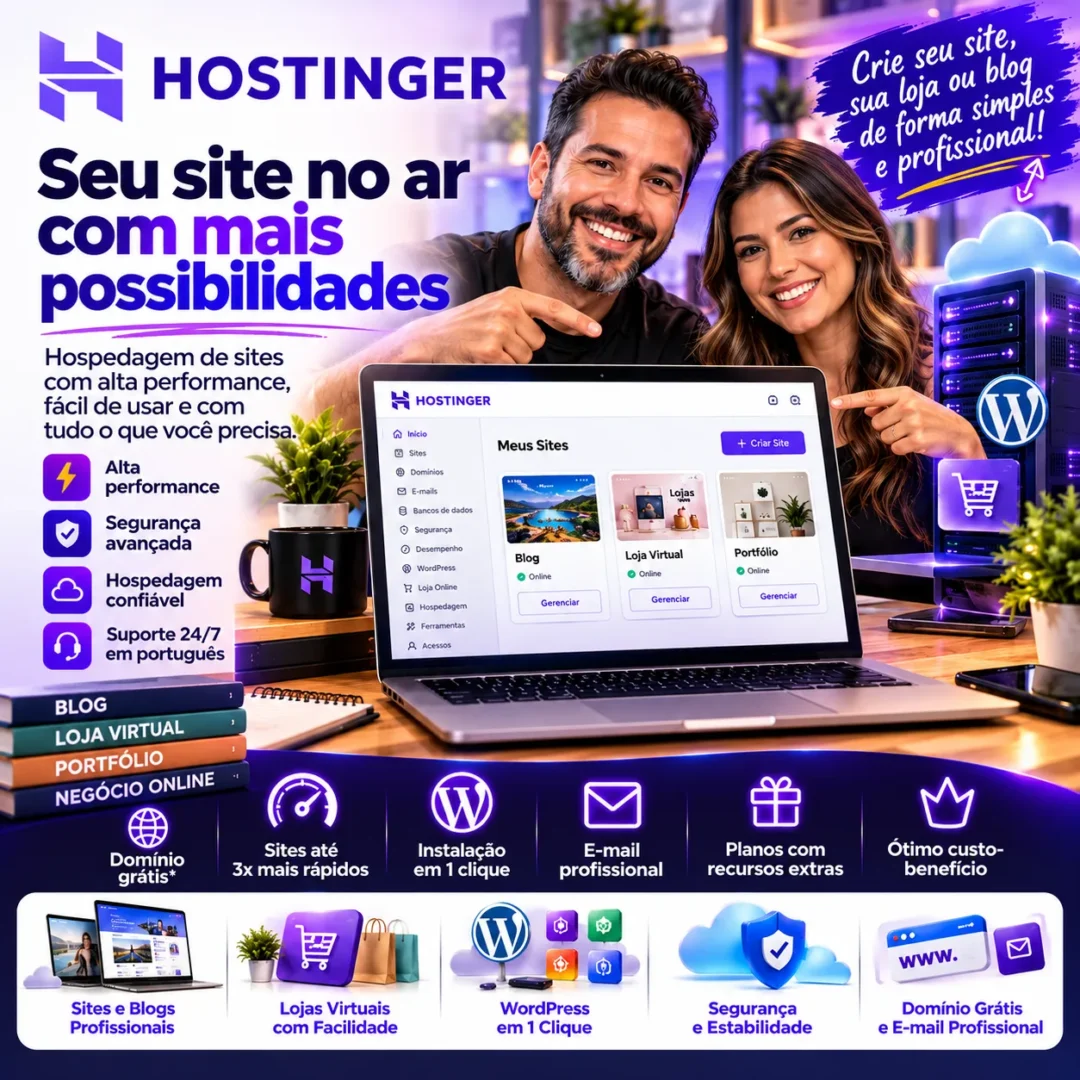 Composição da Hostinger representando hospedagem, criação de sites e gerenciamento de projetos digitais.