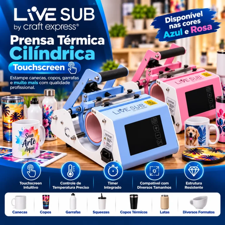 Prensa cilíndrica LiVESUB by Craft Express com painel touchscreen para personalização térmica de recipientes.